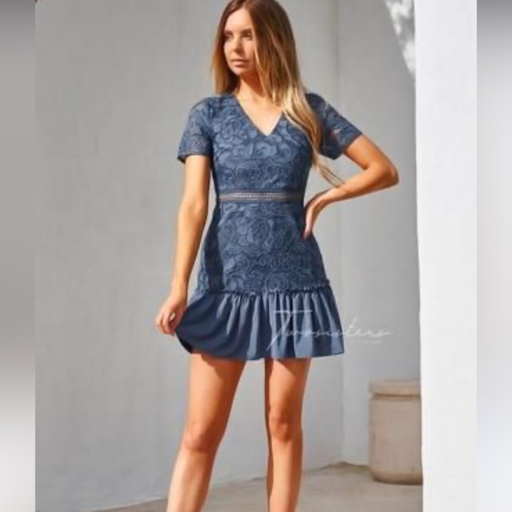Two Sisters THE LABEL NWT Blue Lace Bodice Party Dress Sz 4 Vneck Short Sleeves